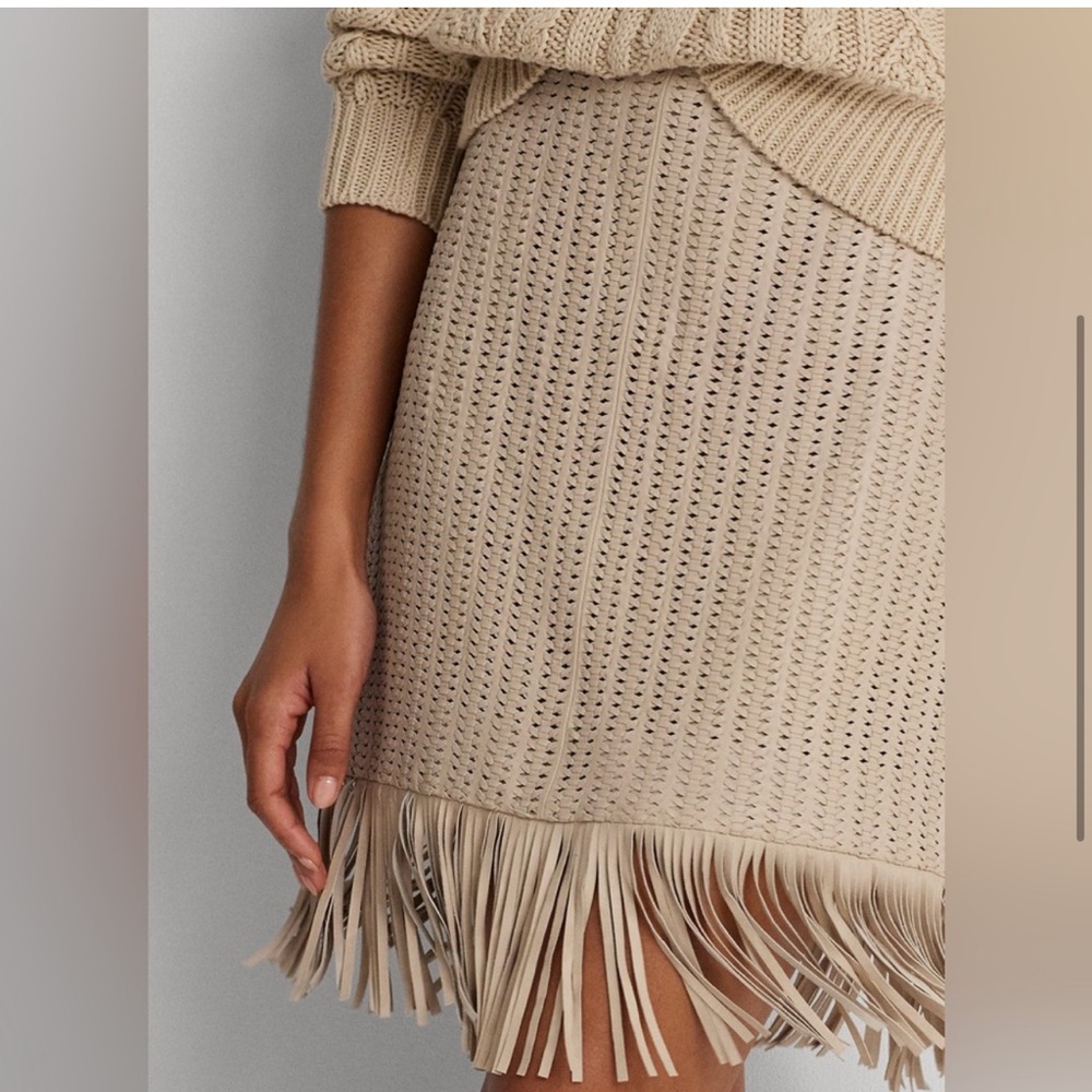 $595 NWT Ralph Lauren Fringe Trim Leather Woven Skirt Beige Leather size… - Picture 3 of 5